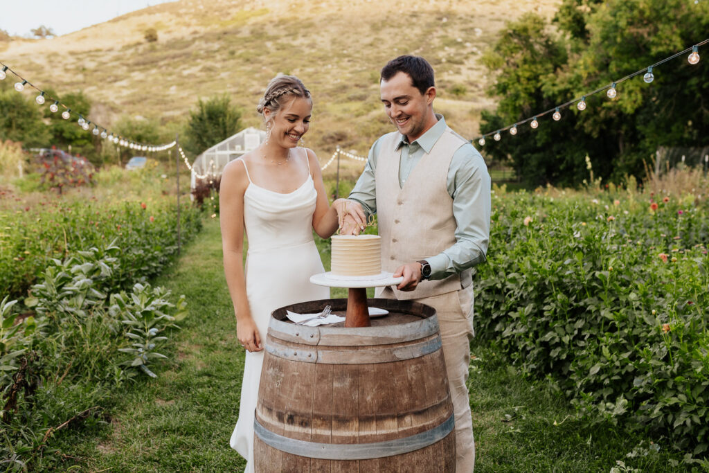 Bride and groom cut their wedding cake together, celebrating their union at a beautiful venue.